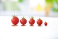 Five tomatoes in a row in front of a blue green and white blurry background Royalty Free Stock Photo