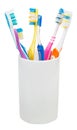 Five tooth brushes and interdental brush Royalty Free Stock Photo