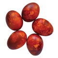 Five traditional red Easter eggs, onions peel colored, painted in onion skins, large detailed isolated rustic vintage macro