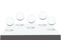 Five transparent balls spheres flying on grey base with copy space for your text