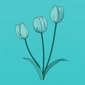 Simplistic Cartoon Illustration Of Three Tulips On Turquoise Background