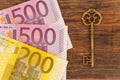 euro banknotes with the key to the apartment Royalty Free Stock Photo