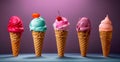 Five types of different delicious ice cream in waffle cones on a dark purple background, copy space banner