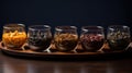 Five types of dry tea leaves in clear glasses on a wooden tray, each with distinct color and shape, against a dark