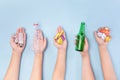 Five types of garbage in human hands - sorting, recycling waste concept Royalty Free Stock Photo