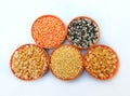 Five types of lentils that are widely consumed are mung bean, chickpea lentil, black gram, red masur lentil, and pigeon pea. Royalty Free Stock Photo