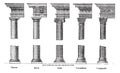 Five types of old column architecture old engraving Royalty Free Stock Photo