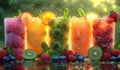 Five types of smoothie in different glasses. A vibrant image showcasing four glasses filled with various colored drinks Royalty Free Stock Photo