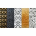 Five vertical panels depicting various textures and patterns. From left to right: geometric fan Royalty Free Stock Photo