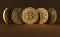 Five Virtual Coins Bitcoins On Brown Background