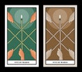 Five of wands. Tarot cards. Hands holding crossed sticks