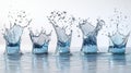 Five water splashes in a row, creating a symmetrical pattern reflecting on a surface