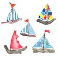 Five watercolor children wooden colorful sailboats