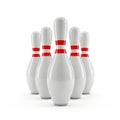 Five white bowling pins with red stripes arranged in a triangular formation on a white background Royalty Free Stock Photo