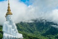 Five White Buddha statues sitting at Wat Pha Sorn Kaew Temple or Wat Phra Thart Pha Kaew Temple in Thailand.