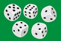 Five white dices size thrown in a craps game, yatzy or any kind of dice game against a green background - illustration in simple c Royalty Free Stock Photo