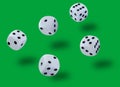 Five white dices thrown in a craps game, yatzy or any kind of dice game against a green background Royalty Free Stock Photo