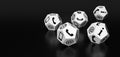 Five white dodecahedron dice with phone internet and communication support icons Royalty Free Stock Photo