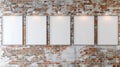 Five white empty frames mockup displayed on brick wall for stylish interior design Royalty Free Stock Photo