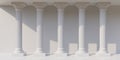 Five white marble pillar Doric rhythm column in row on empty white background, copy space. 3d render