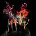 Five wine bottles with colourful splashes on black background Royalty Free Stock Photo