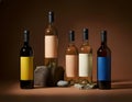 Assorted wine bottles on table with warm studio lighting, elegant alcohol product display Royalty Free Stock Photo