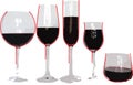 Five wine glasses with equal amount of wine