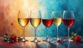 Five wine glasses filled with red and white wine sit on a reflective surface. Artistic splashes of color and red roses surround Royalty Free Stock Photo