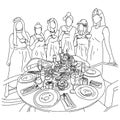 Five women having afternoon tea with desserts on table vector illustration sketch doodle hand drawn with black lines isolated on