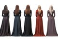Five women in long dresses with different hair colors - concept of difference
