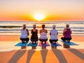 Five women practicing yoga at sunrise