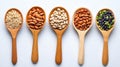 Five wooden spoons filled with assorted beans, grains, and nuts on white background Royalty Free Stock Photo