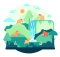Five Woolly Mammoth stay near waterfall - vector illustration in flat cartoon stile