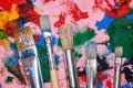 Five worn out brushes of different sizes on the colorful pink palette