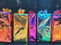 Five Wrapped Gifts in Various Iridescent Colors Royalty Free Stock Photo