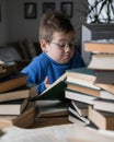 Five year old boy in glasses reading a book with a stack of books next to him. Smart intelligent preschool kid choosing books to Royalty Free Stock Photo