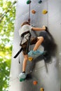 Five year old boy learning to climb the rock wall outside in the summer park. Royalty Free Stock Photo