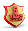 Five year warranty text on golden red shield background. 3d illustration.