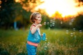Five years old caucasian child girl blowing soap bubbles outdoor at sunset . Royalty Free Stock Photo