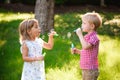Five years old caucasian child girl and boy blowing soap bubbles Royalty Free Stock Photo