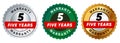 Five 5 years warranty badge emblem seal set guarantee collection in silver green and gold premium circle shape Royalty Free Stock Photo