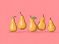 Five yellow pears on pink background. AI generated.