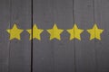 Five yellow ranking stars on wooden background