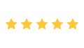 Five yellow starts. Gold rating sign. Quality symbol. Rating with stars shape. Feedback icon in golden colors. Positive evaluation