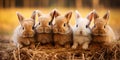 Five young baby bunnies in hay