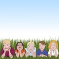 Five young children leaning on they elbows on grass and space for text above