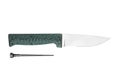 Fixed blade hunting knife with a green textured handle and a removable diamond sharpening rod, isolated on a white back Royalty Free Stock Photo