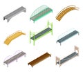 Fixed Bridges Made of Wood or Metal with Beam and Arch Bridge Isometric Vector Set