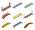 Fixed Bridges Made of Wood or Metal with Beam and Arch Bridge Isometric Vector Set