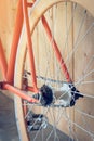 Fixed gear bicycle parked with wood wall, close up image Royalty Free Stock Photo
